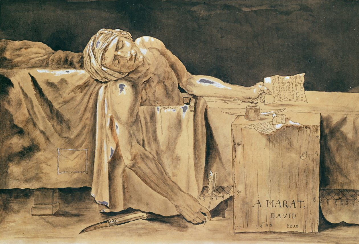The Death of Marat, 1793 (penn og blekk og wc på papir) av Jacques Louis David