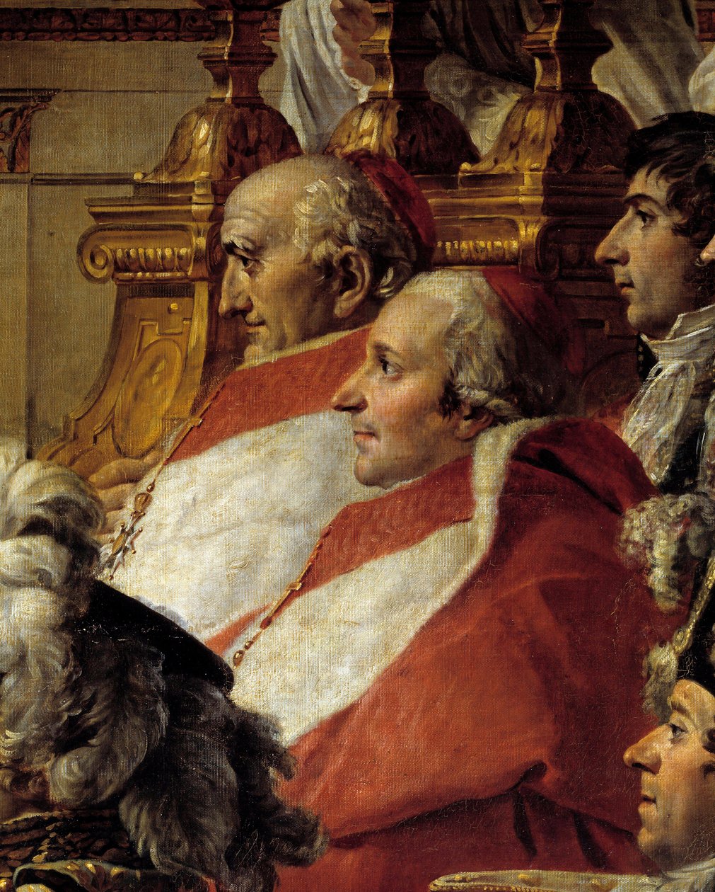 Napoleons rite. Detalj som skildrer kardinalene og Jean Baptiste Jules Bernadotte (1763-1844) under det hellige til keiser Napoleon I Bonaparte og kroningen av Imperatrice Josephine ved Notre-Dame de Paris 2. desember av Jacques Louis David