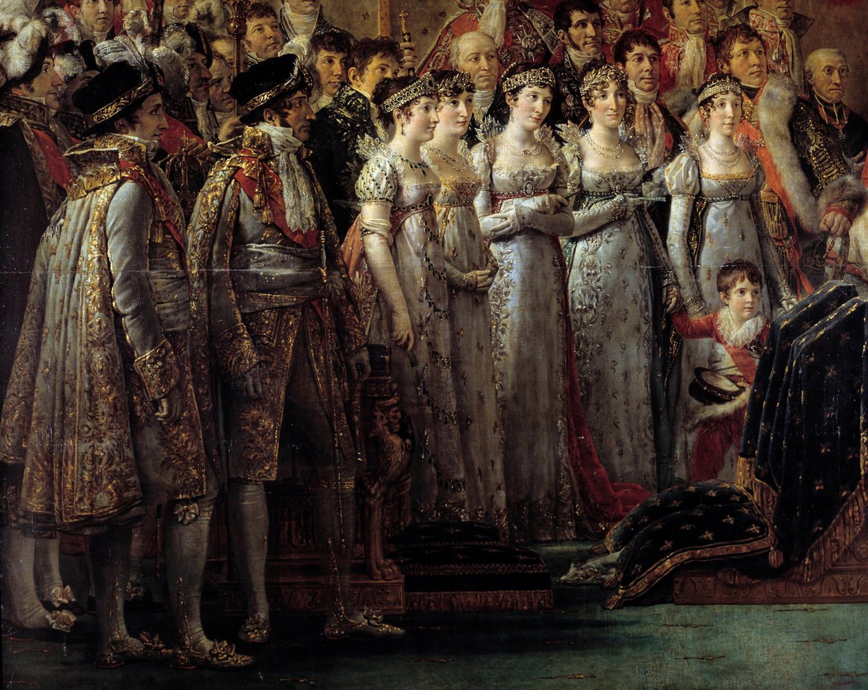 Napoleons rite. Detalj som skildrer keiserens brødre og søstre under helligdommen til keiser Napoleon I Bonaparte og kroningen av Imperatrice Josephine ved Notre-Dame de Paris 2. desember av Jacques Louis David