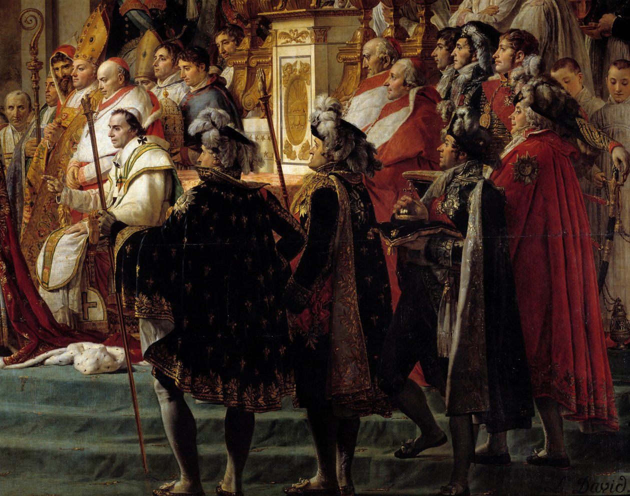 Napoleons rite. Detalj som viser forgrunnen med pave Pius VII under helligdommen til keiser Napoleon I Bonaparte og kroningen av Imperatrice Josephine ved Notre-Dame de Paris 2. desember av Jacques Louis David