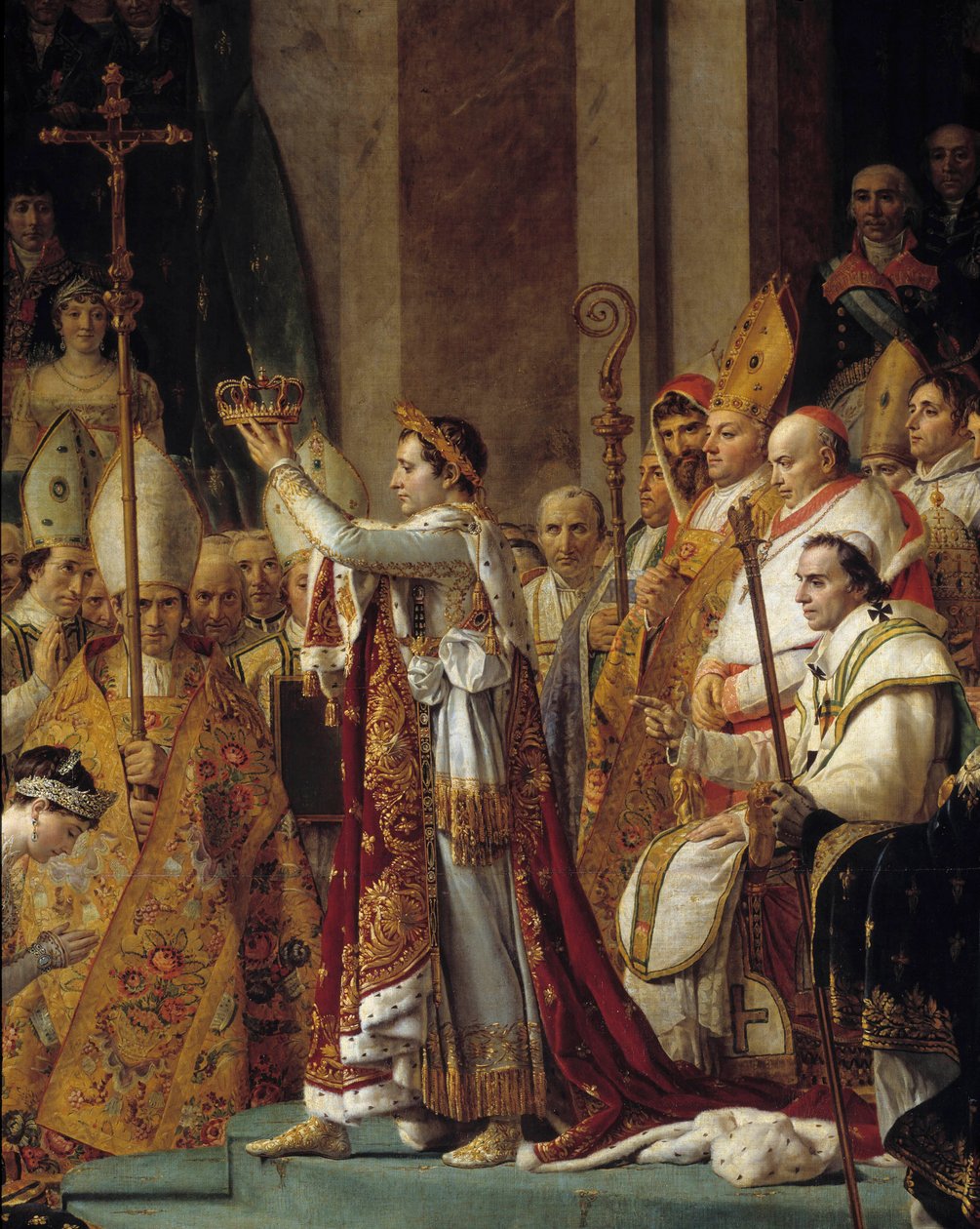 Napoleons rite. Detalj av Napoleon som bærer kronen under helligdommen til keiser Napoleon I Bonaparte og kroningen av Imperatrice Josephine ved Notre-Dame de Paris 2. desember av Jacques Louis David