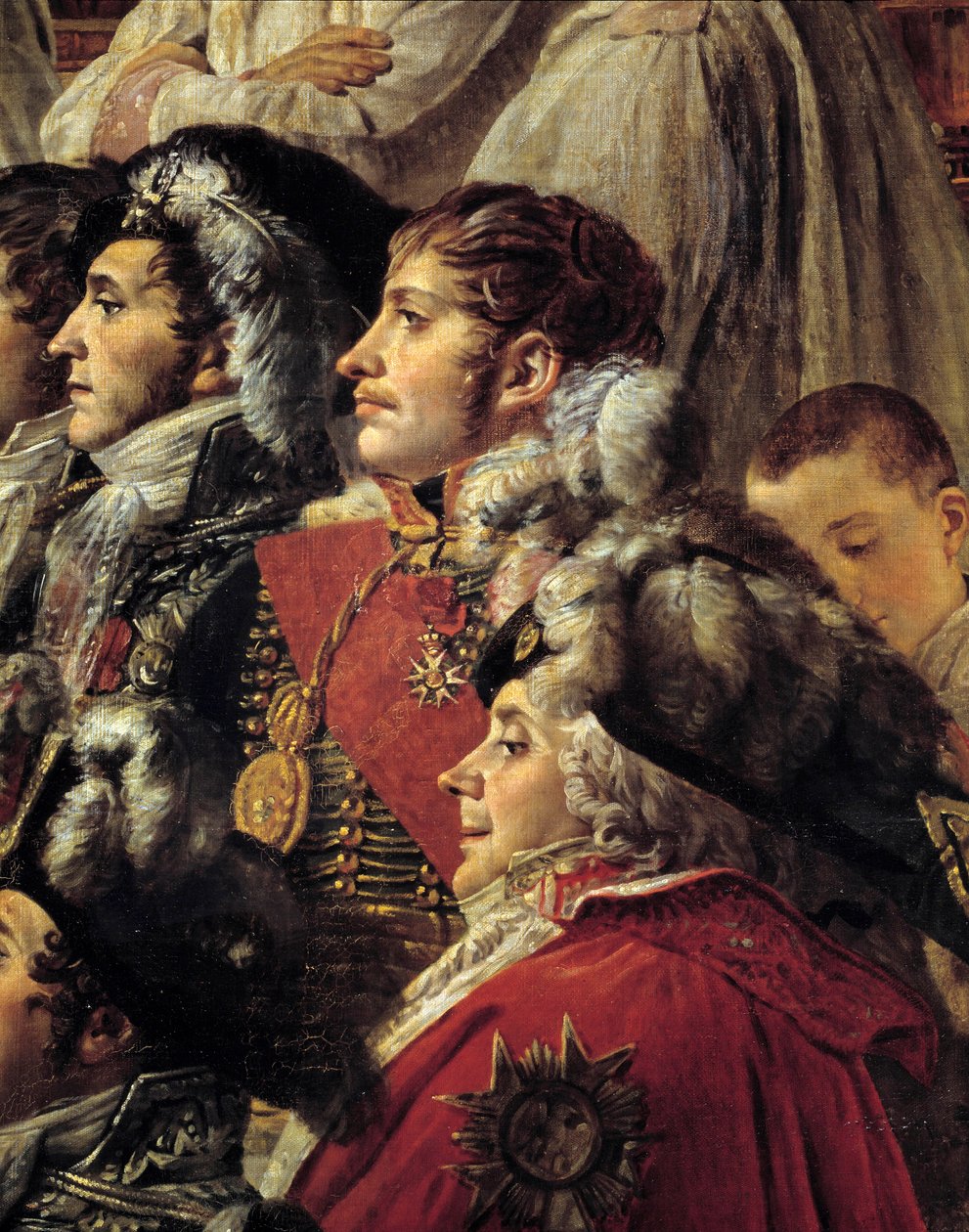 Napoleons rite. Detalj som representerer Auguste Jean-Gabriel de Caulaincourt (1777–1809), Eugene Rose de Beauharnais dit Prince Eugene (1781–1824), og Charles Maurice de Talleyrandt-Perigord dit Talleyrand (1754–1838) under kroningen av keiser Napoleon av Jacques Louis David