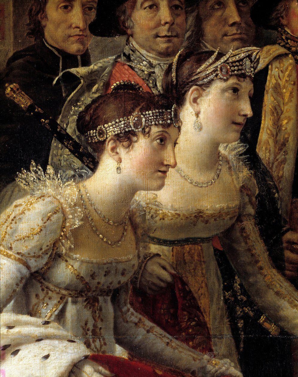 Napoleons rite. Detalj som representerer Madame de la Rochefoucault og Madame Lavalette under helligdommen til keiser Napoleon I Bonaparte og kroningen av Imperatrice Josephine ved Notre-Dame de Paris 2. desember av Jacques Louis David