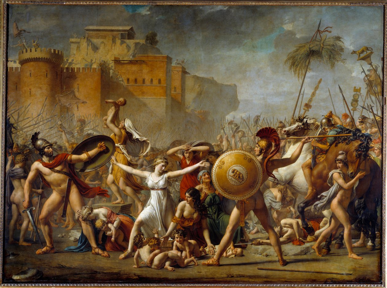 Sabinerne mellom deres romerske ektemenn (til høyre) og deres sabinske brødre (til venstre) og viser dem barna deres - Maleri av Jacques-Louis (Jacques Louis) David (1748-1825) av Jacques Louis David
