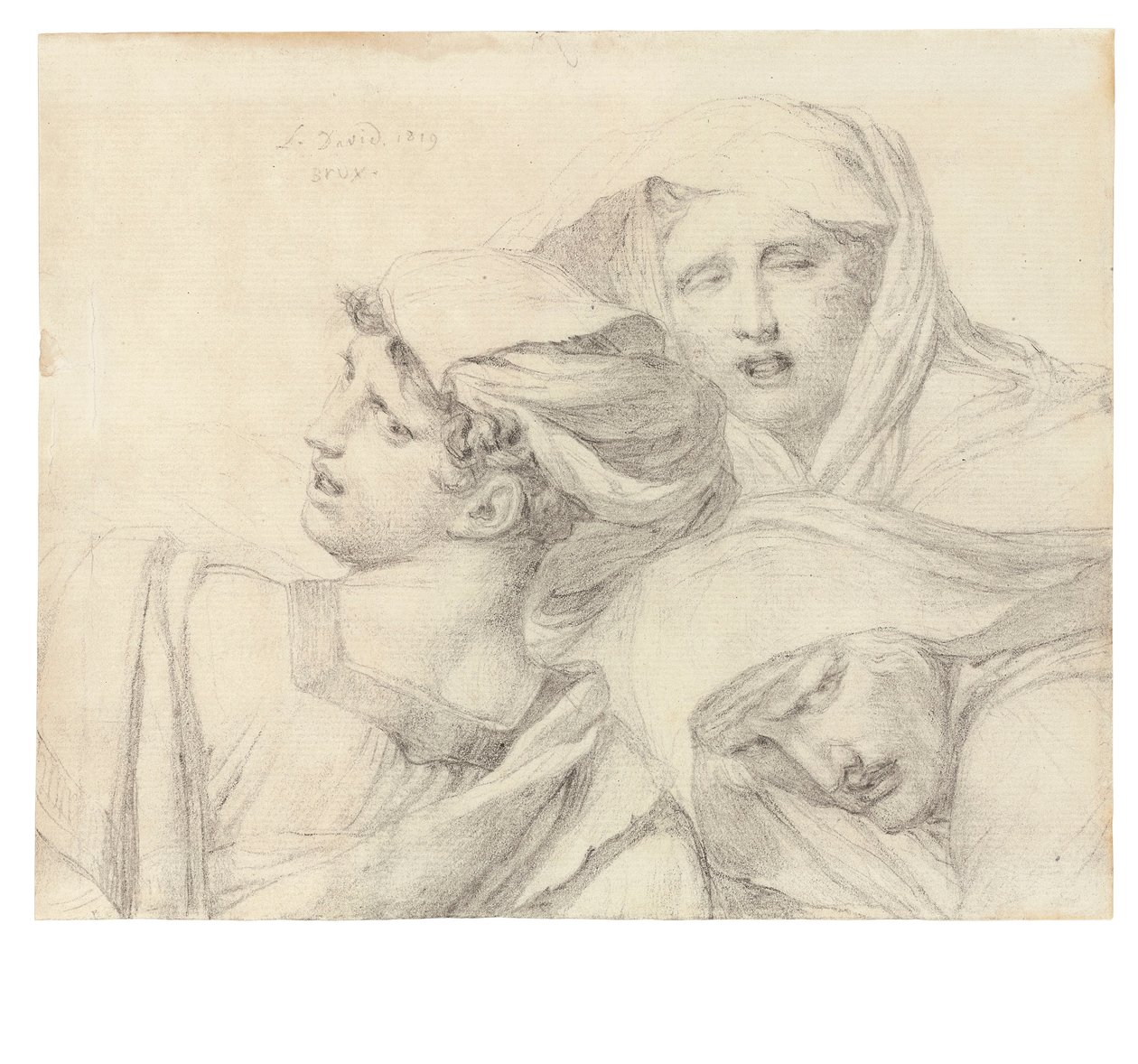 Tre kvinner i klassisk drakt, bystelengde, med pinefulle uttrykk, 1819 av Jacques Louis David