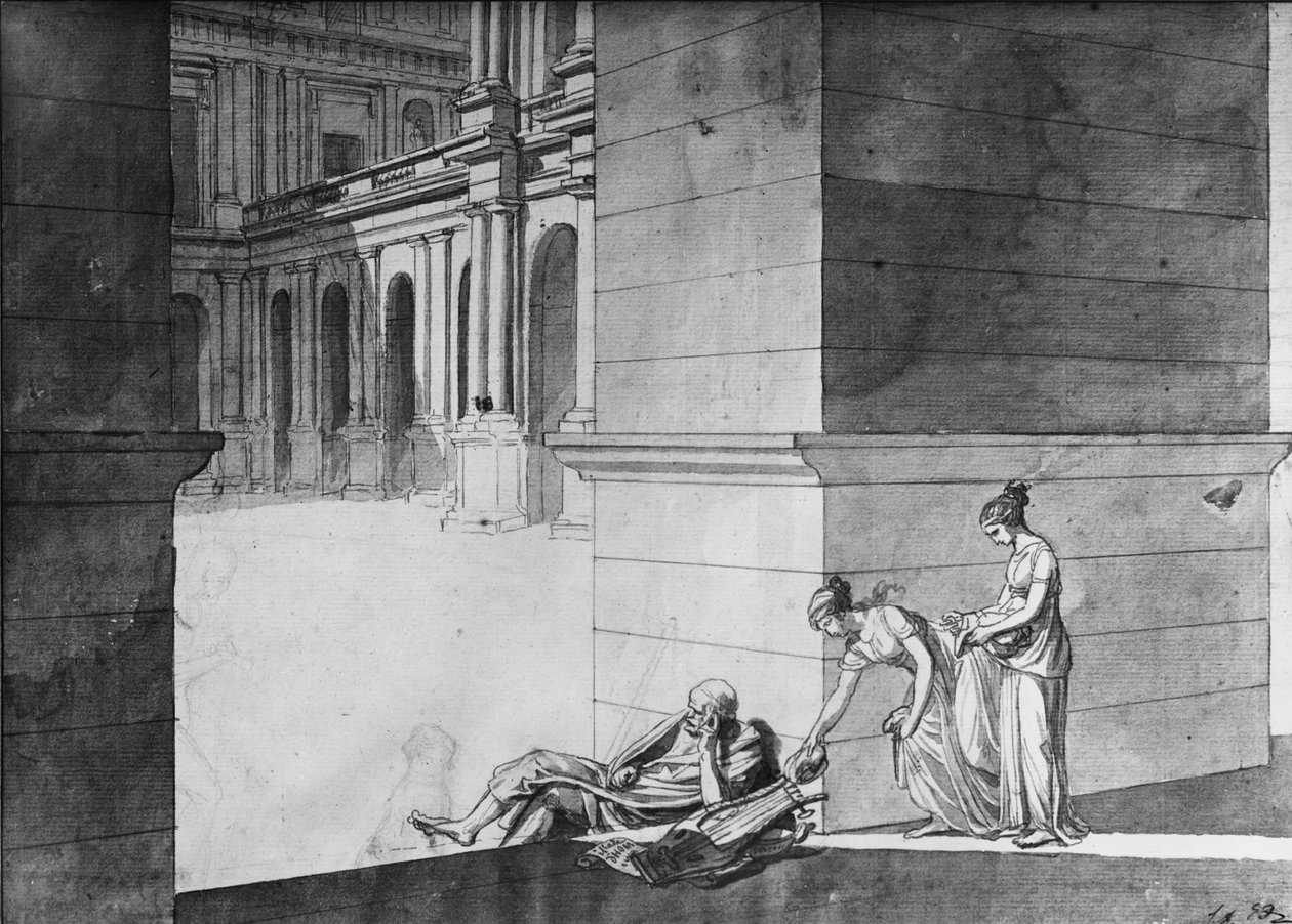 To unge jenter som bringer brød til Homer sovende, ca. 1794 (penn og indisk blekk på papir) av Jacques Louis David
