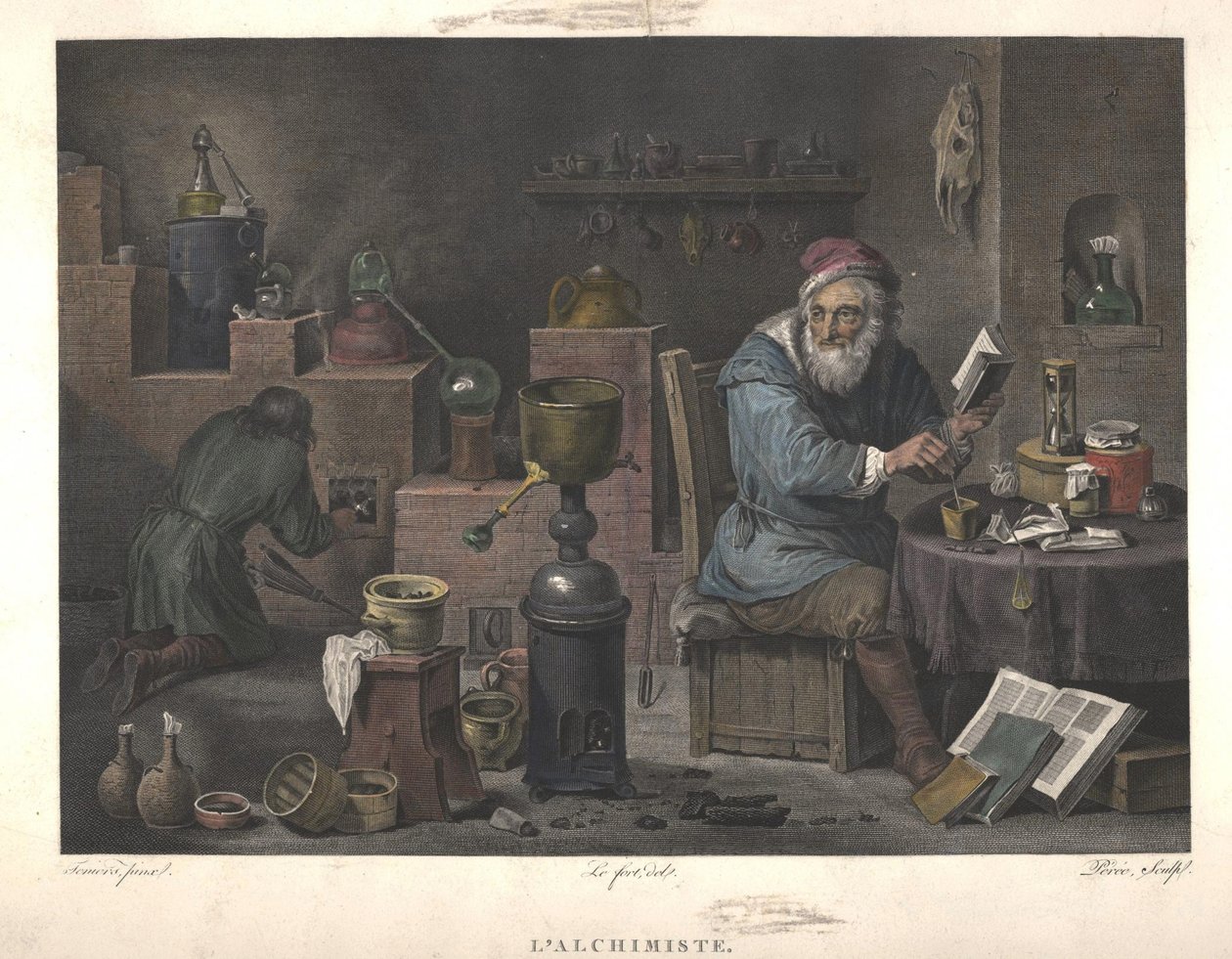 Alkymisten etter maleri av David Teniers, sent på 1700-tallet. av Jacques Louis Perée