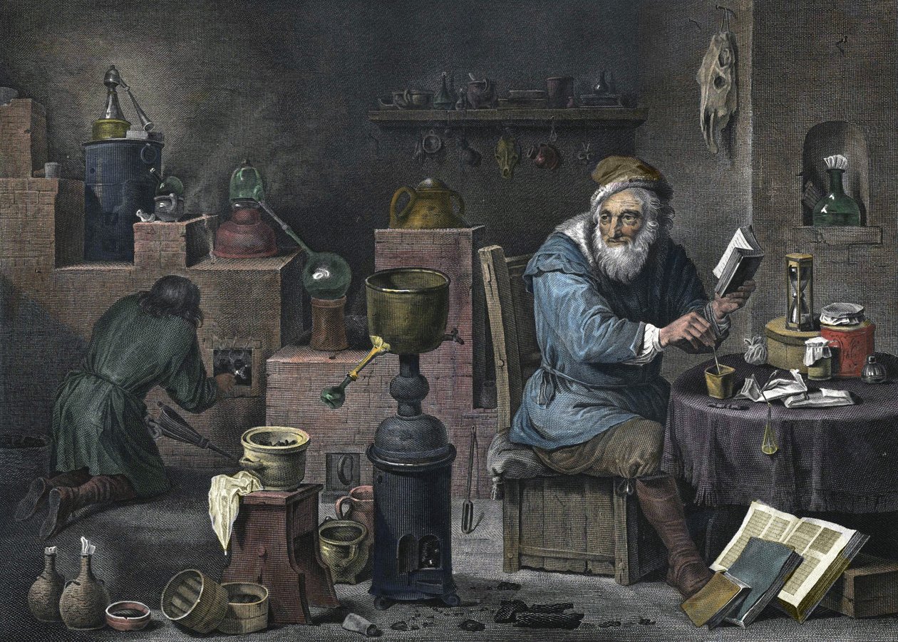 Alkymisten. Gravering av Jacques-Louis Pérée. 17. århundre. av Jacques Louis Perée