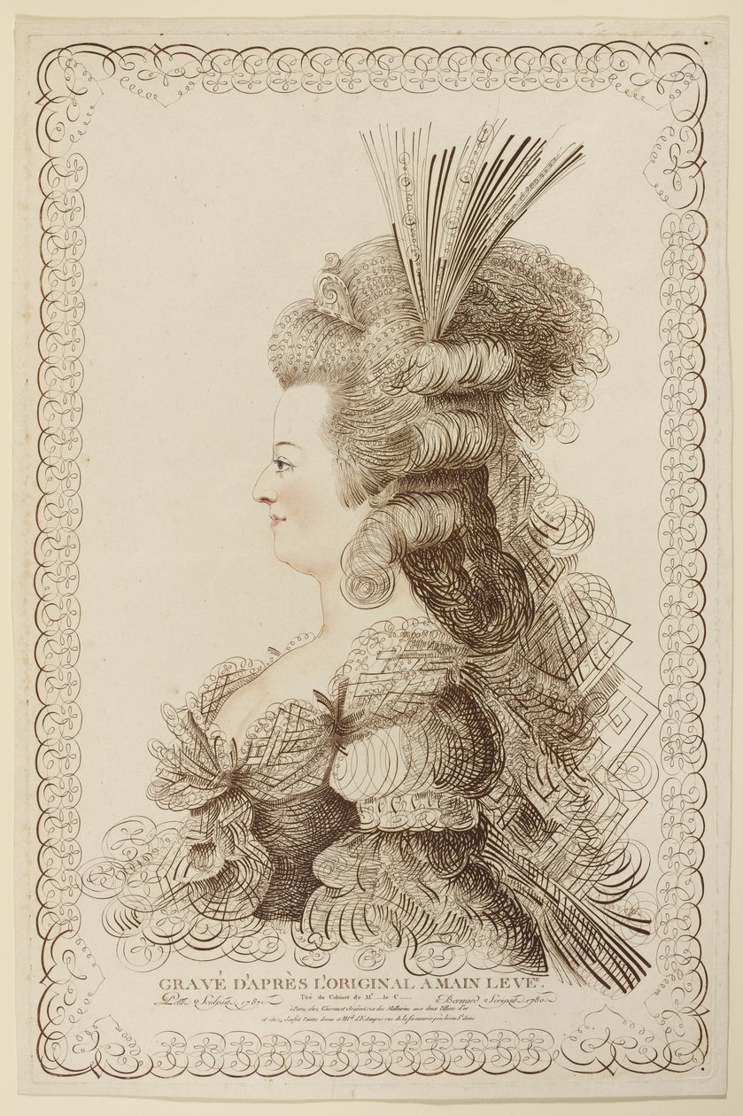 Kalligrafisk portrett av Marie Antoinette, 1787 (etsing og gravering) av Jacques Louis Petit