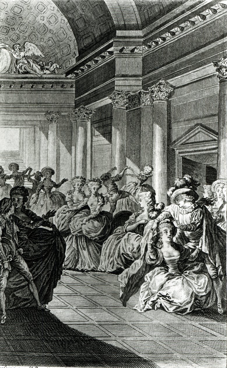'Han vil gi deg ren og kysk tilbake til mannen din', scene fra akt IV av 'Figaros bryllup' av Pierre-Augustin Caron de Beaumarchais (1732-99) gravert av Claude Nicolas Malapeau (1755-1803) 1 av Jacques Philippe Joseph de Saint Quentin