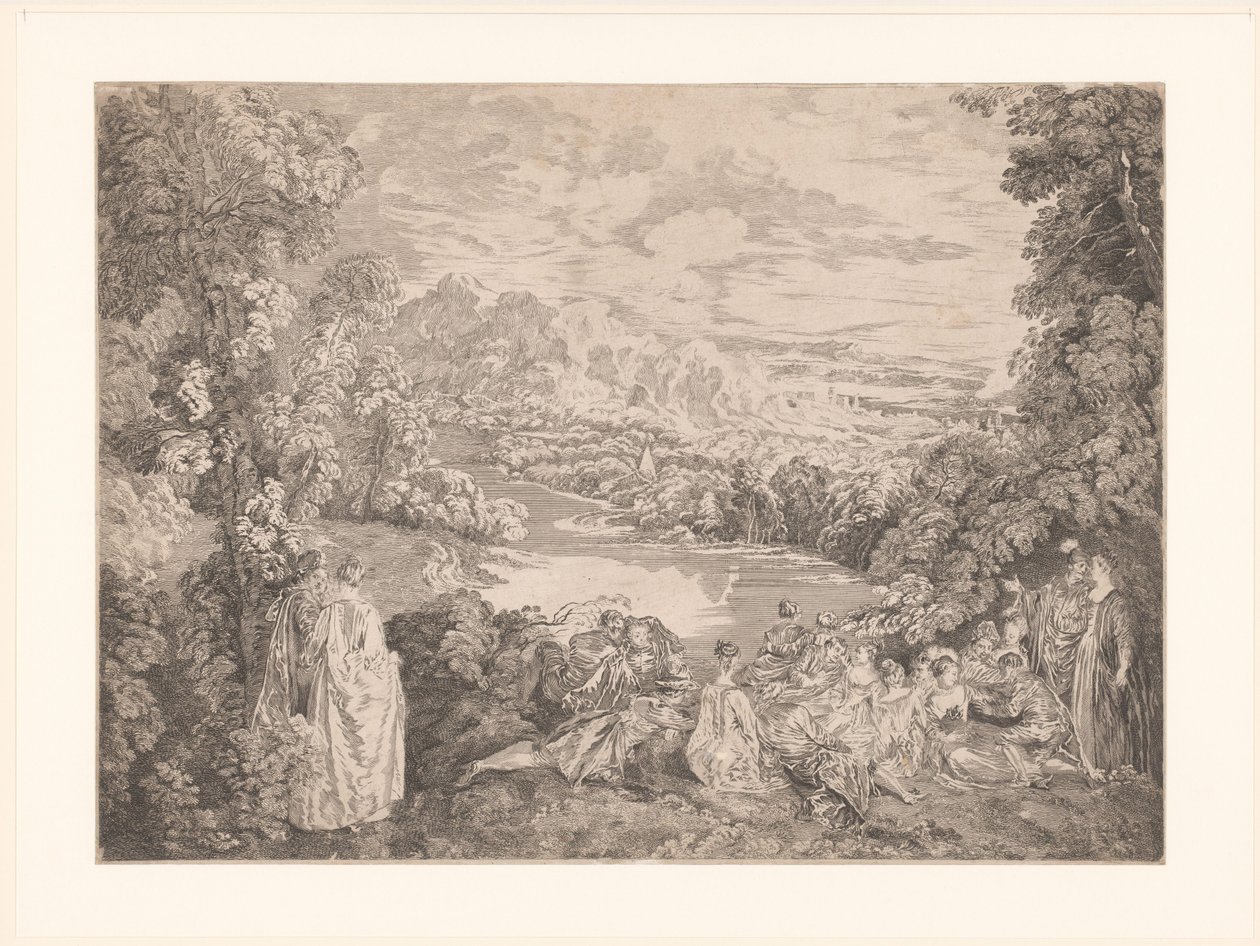 Elegant selskap i et landskap av Jacques Philippe Le Bas