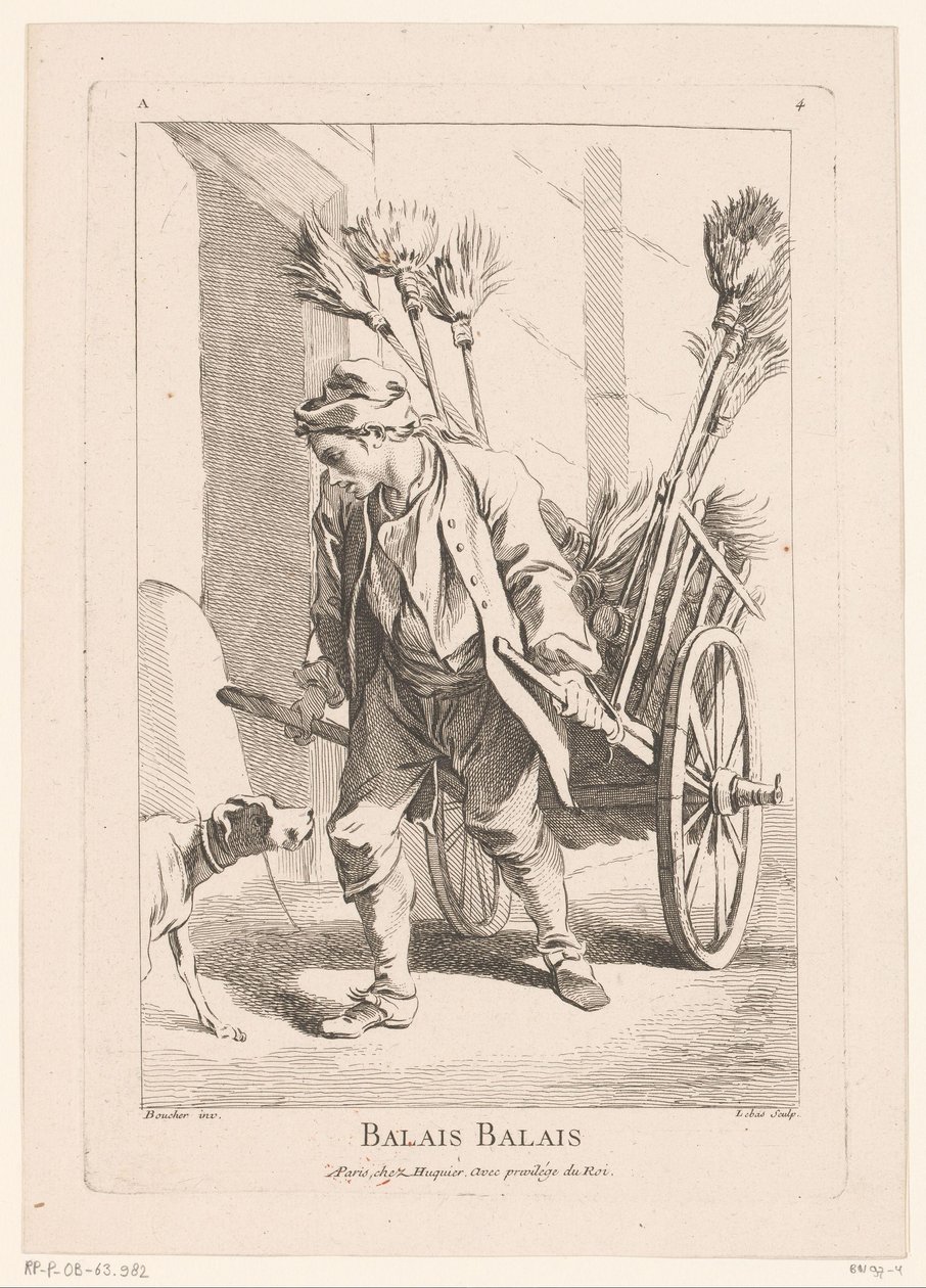 Gateselger med koster Balais Balais (tittel på objekt) Cris de Paris (serietittel) Gateselgere i Paris (serietittel) av Jacques Philippe Le Bas