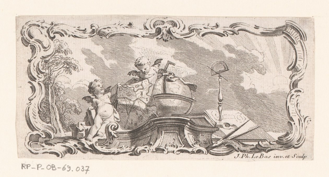 Vignette med to putti med kart, globus og måleinstrumenter av Jacques Philippe Le Bas