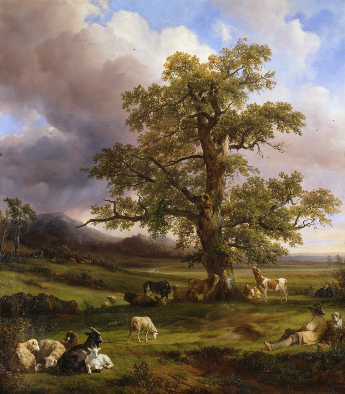 Dyr som hviler rundt et stort eiketre, 1842 av Jacques Raymond Brascassat