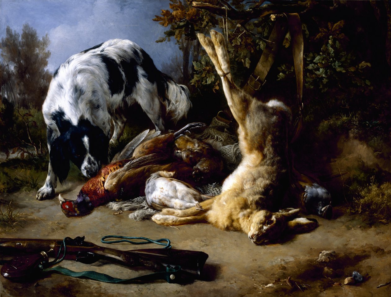 Spaniel med et stilleben av dødt vilt, 1837 av Jacques Raymond Brascassat