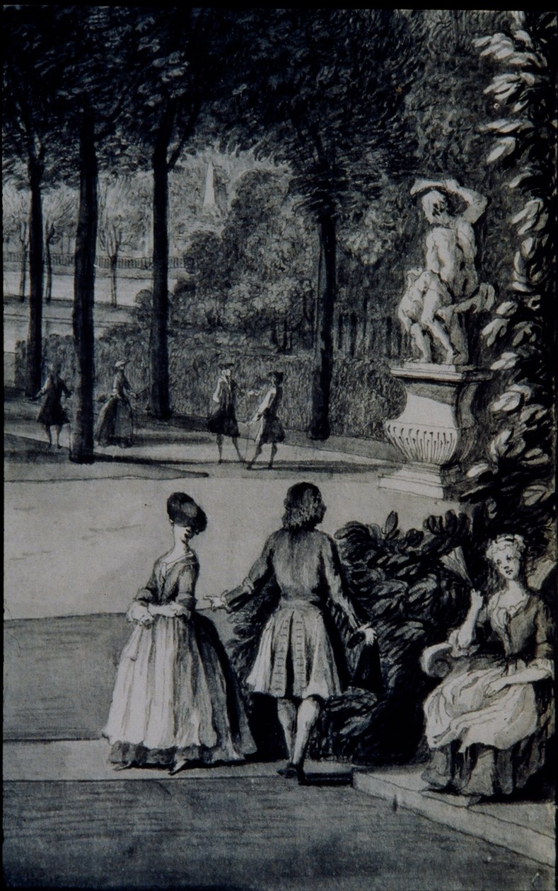Detalj av 'The Poplar Grove, Lord Burlington's Chiswick Villa' (penn og blekk med akvarell på papir) av Jacques Rigaud