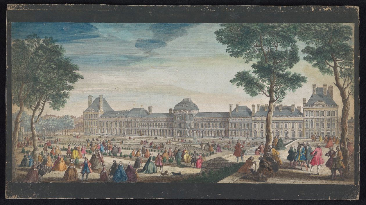 Utsikt over Palais des Tuileries i Paris sett fra Jardin des Tuileries Les promenades du Palais Thuilleries (tittel på objekt) av Jacques Rigaud