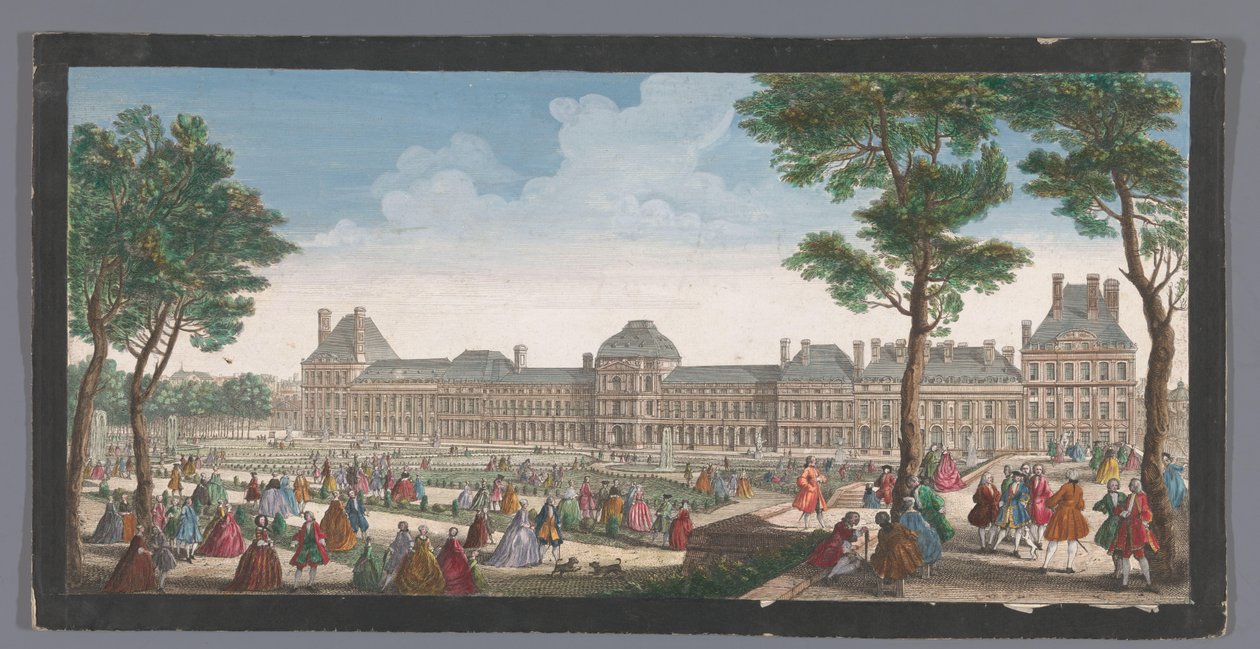 Utsikt over Palais des Tuileries i Paris sett fra Jardin des Tuileries Les promenades du Palais Thuilleries (tittel på objekt) av Jacques Rigaud