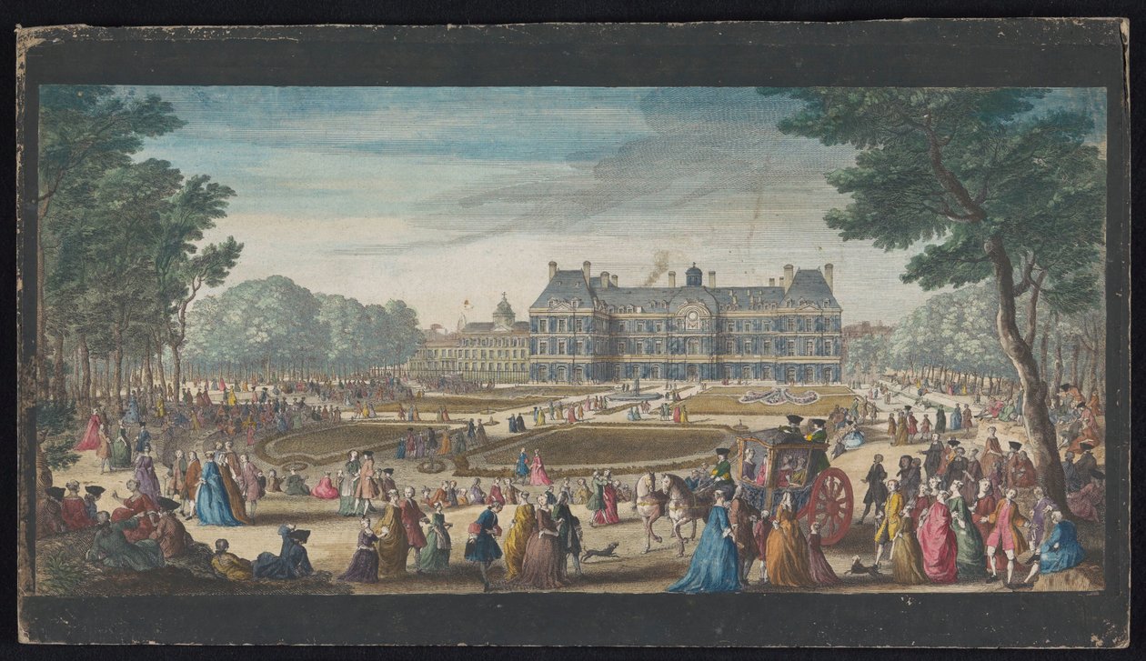 Utsikt over Palais du Luxembourg i Paris sett fra hagen Les promenades du Luxembourg (tittel på objekt) av Jacques Rigaud