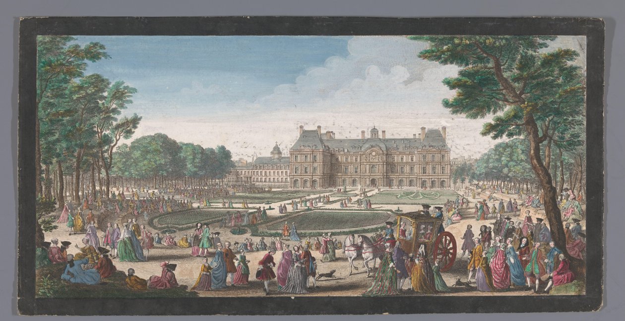 Utsikt over Palais du Luxembourg i Paris sett fra hagen Les promenades du Luxembourg (tittel på objekt) av Jacques Rigaud