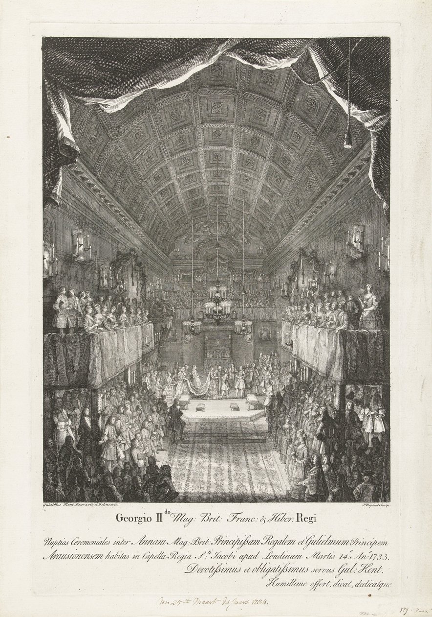 Huwelijk van Willem IV møtte prinsesse Anna, 1734 George II Mag: Brit: Franc: & Hiber. Kongens bryllupsseremoni mellom Anna (...) og William (...) Tirsdag 14.: Ano: 1733 (...) (tittel på objekt) av Jacques Rigaud