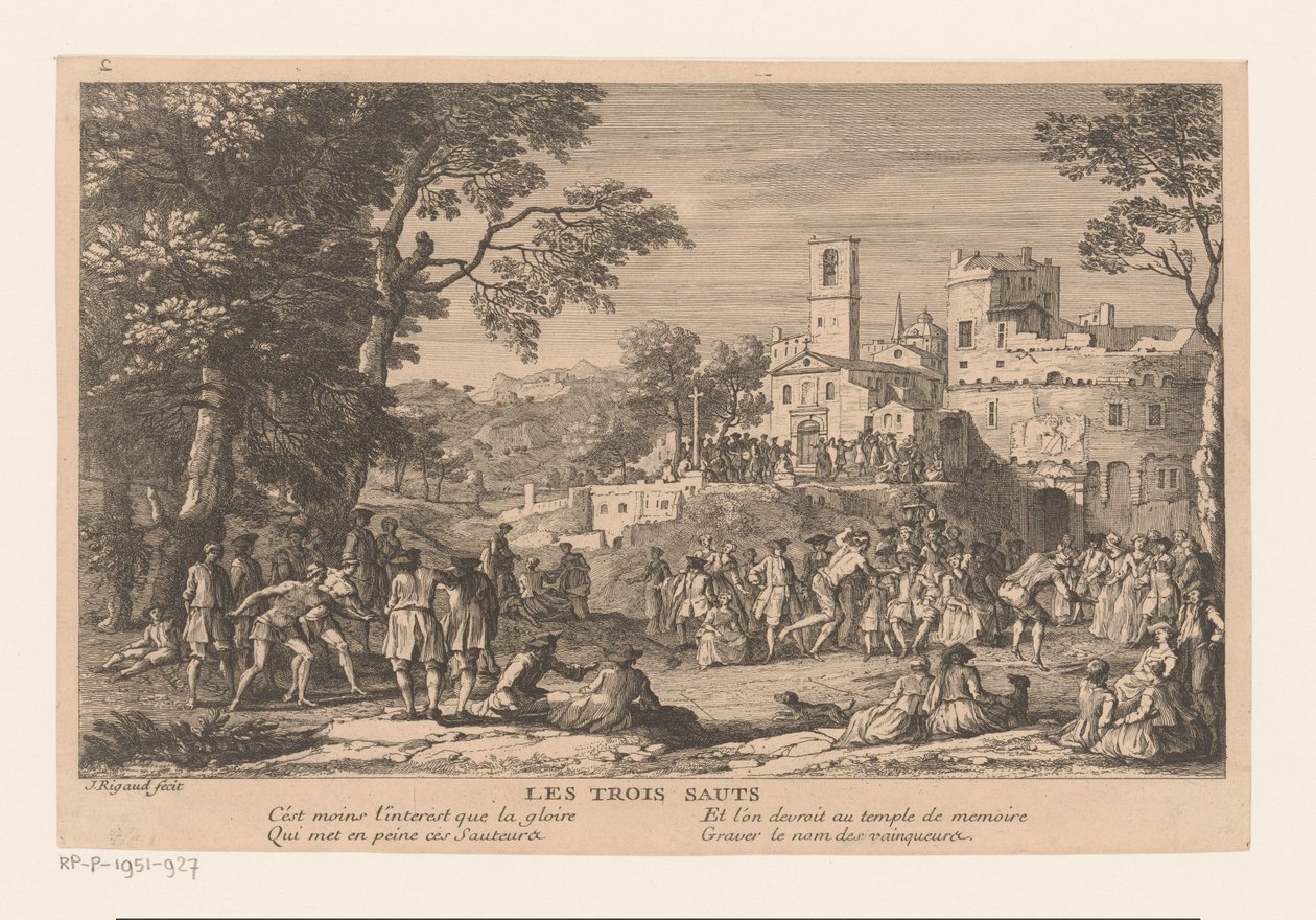 Landskap med en gruppe mennesker som ser på et lengdehoppløp Les trois sauts (tittel på objekt) av Jacques Rigaud