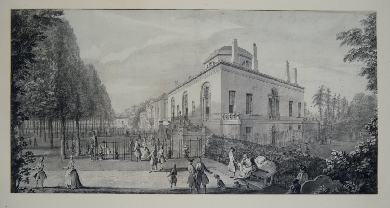 Lord Burlingtons neo-palladiske villa i Chiswick and the Jacobean House (penn og blekk med vask på papir) av Jacques Rigaud