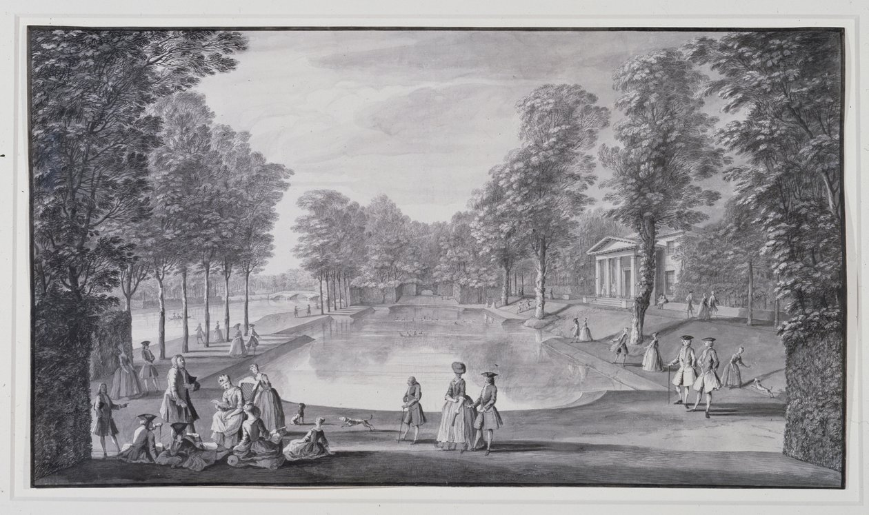 Riverside bassenget, Lord Burlington's Chiswick Villa (penn og blekk med vask på papir) av Jacques Rigaud