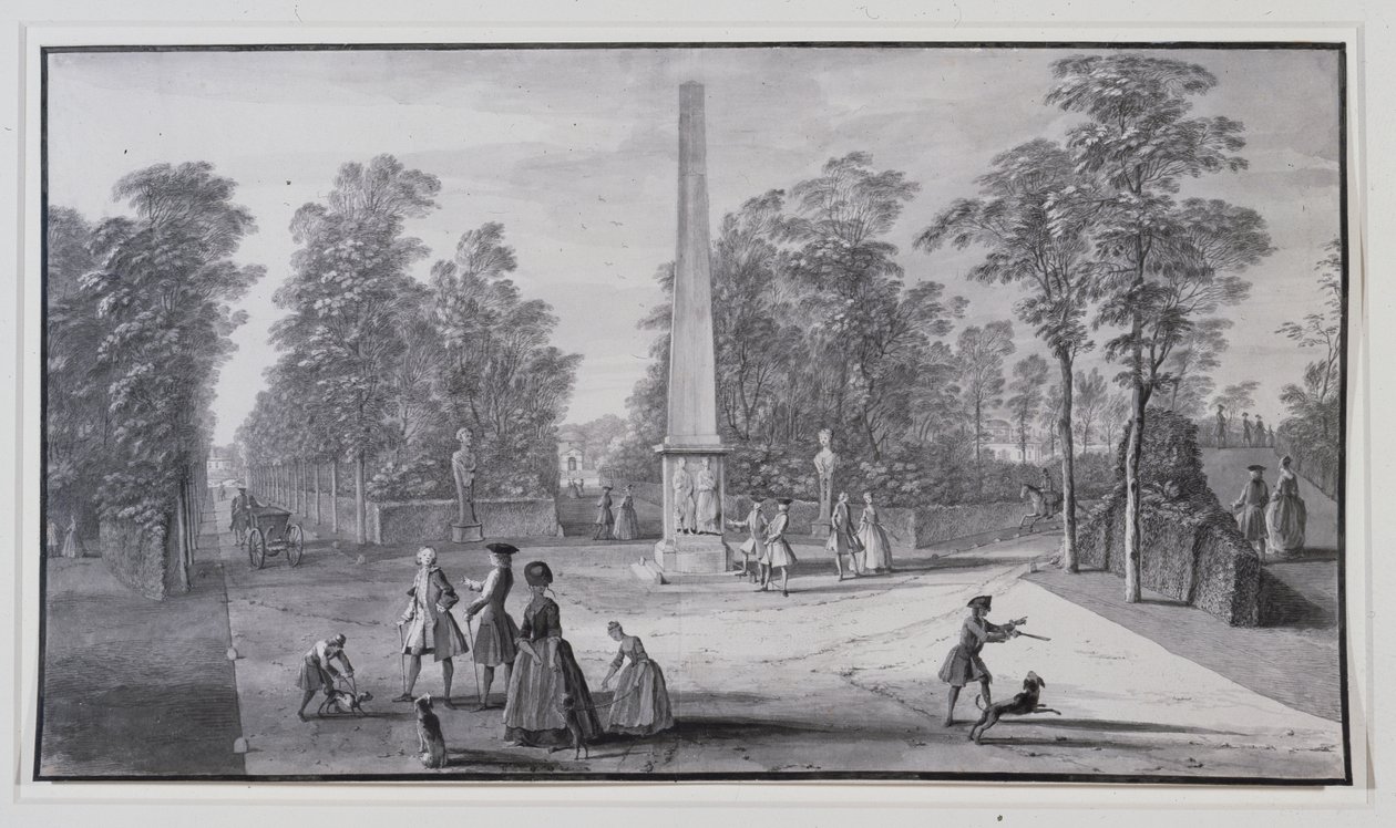 Den store obelisken, nær den sørvestlige inngangen til Lord Burlingtons Chiswick Villa (penn og blekk med vask på papir) av Jacques Rigaud