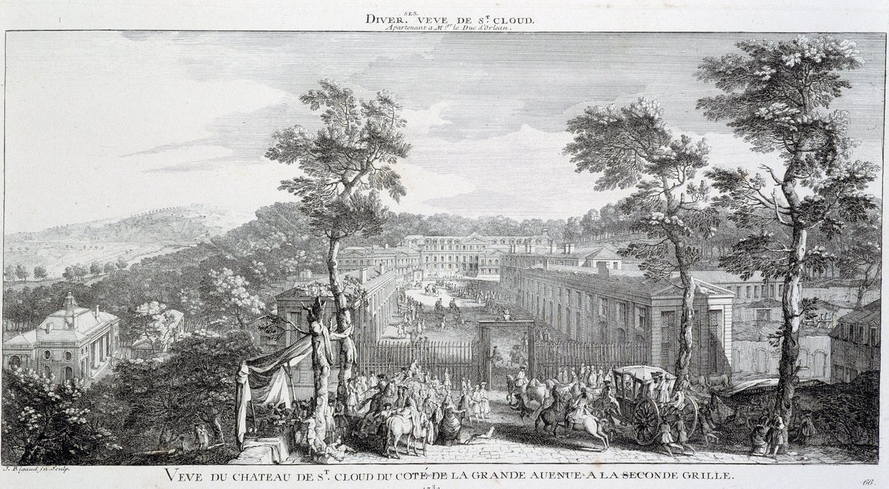 Utsikt over Chateau i parken St Cloud, på siden av den store avenyen. av Jacques Rigaud