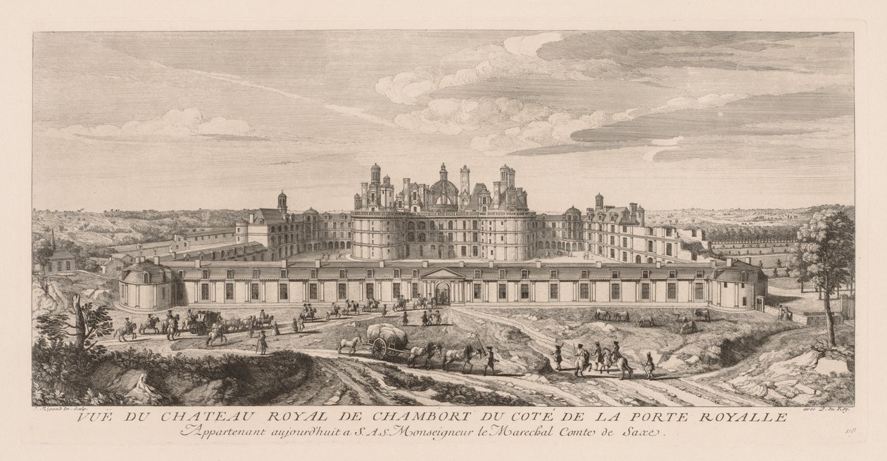 Utsikt over Royal Château of Chambord, fra siden av Royal Gate av Jacques Rigaud