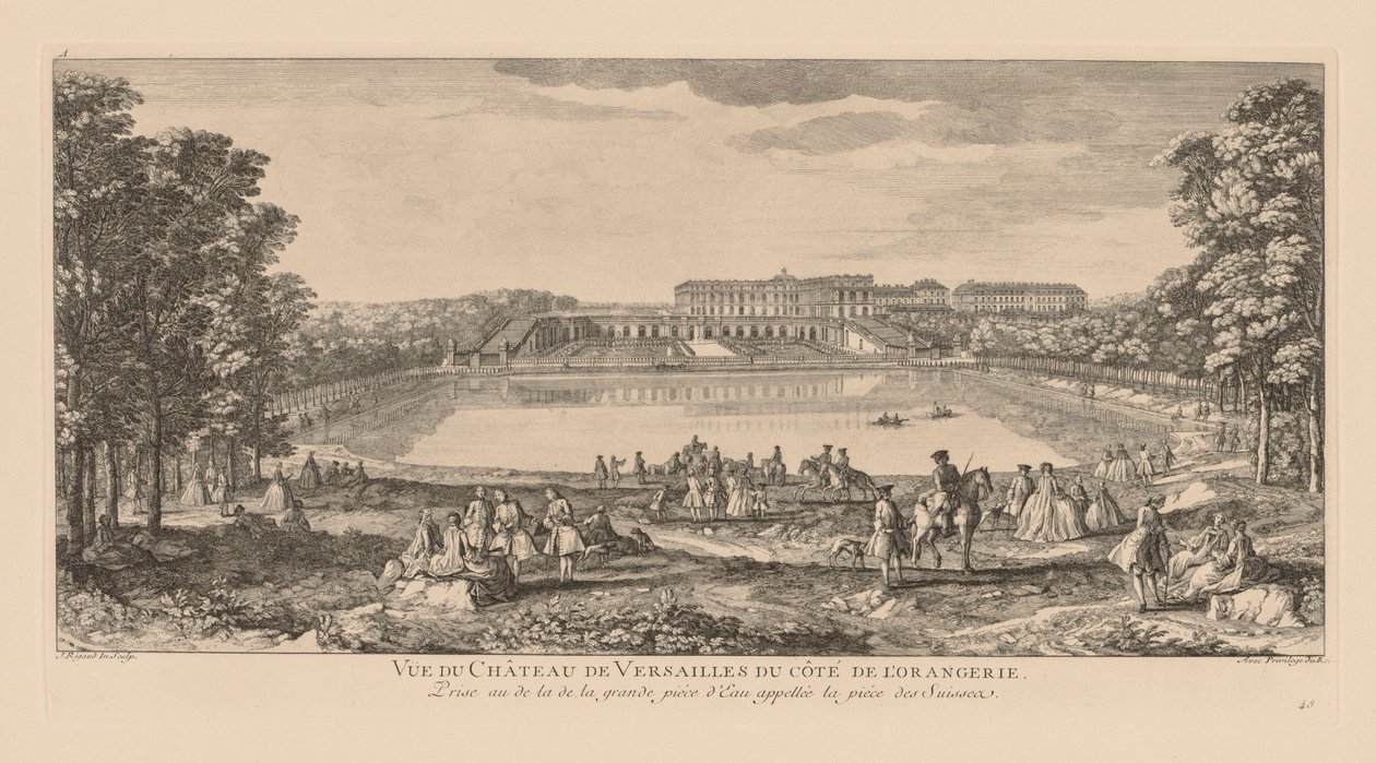 Utsikt over Palace of Versailles, fra Orangerie-siden, tatt bortenfor den sveitsiske dammen. av Jacques Rigaud