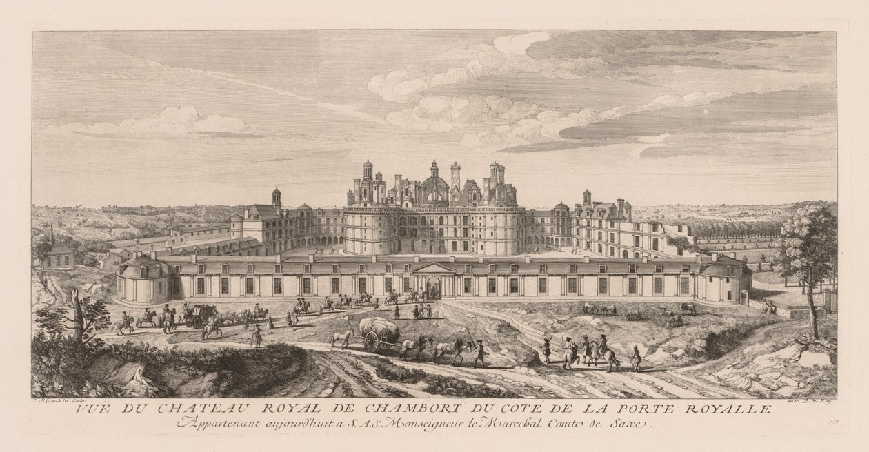 Utsikt over Royal Château of Chambord, fra siden av Royal Gate av Jacques Rigaud