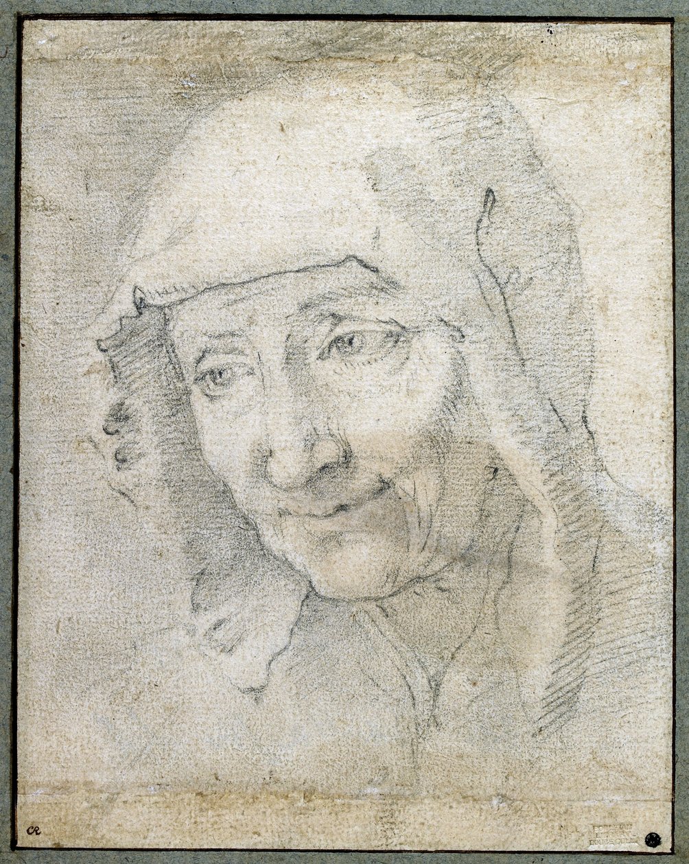 Hodet til en gammel kvinne (svart kritt på papir) av Jacques Stella