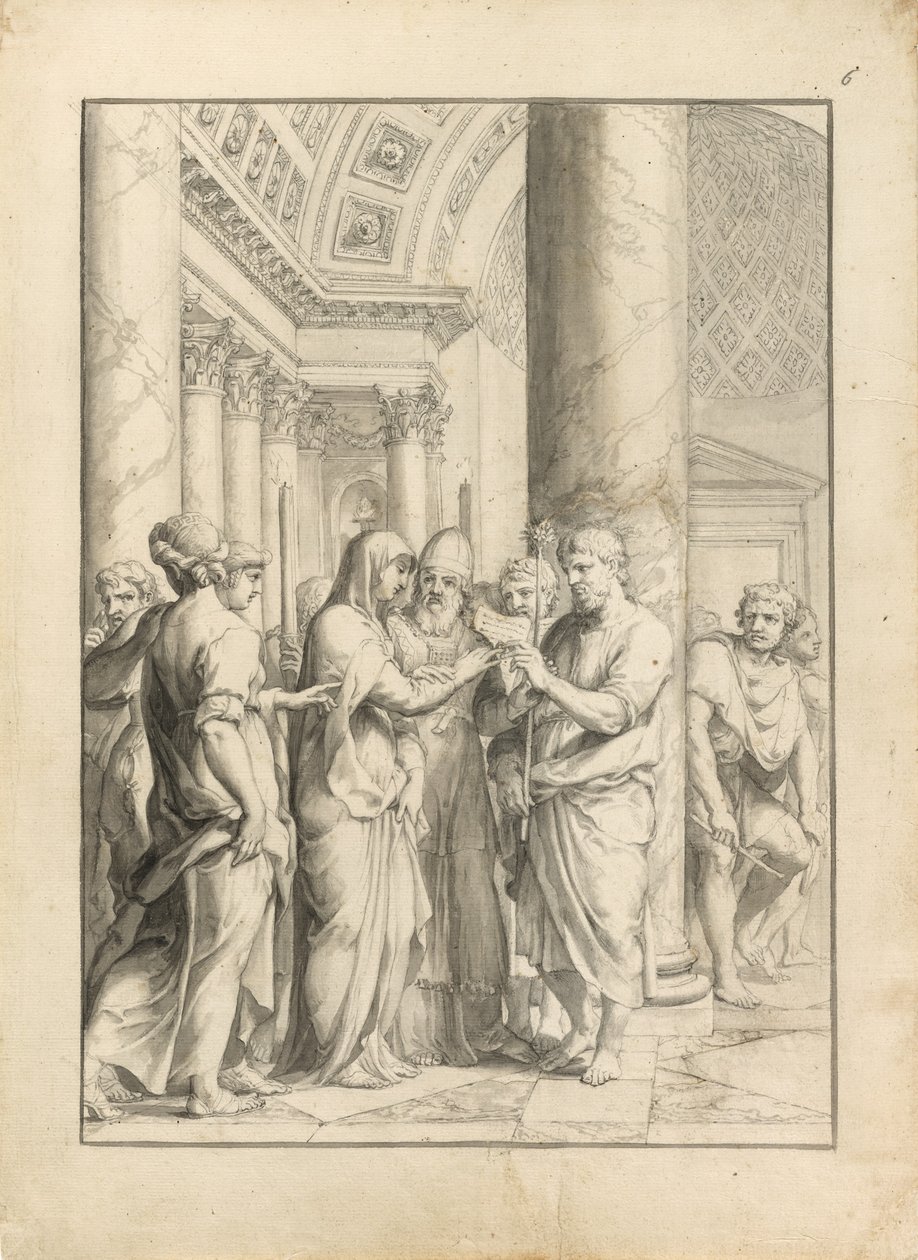 Jomfruens ekteskap, ca. 1640 (penn & svart blekk, med pensel & grå & blekbrun vask & grafitt, på kremlagt papir) av Jacques Stella