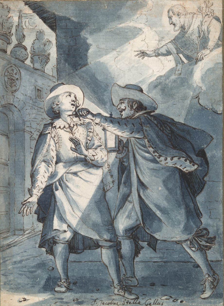 Knivstikkingen av Paolo de Bernardis, forberedende studie for en gravering av Christian Sas av Jacques Stella