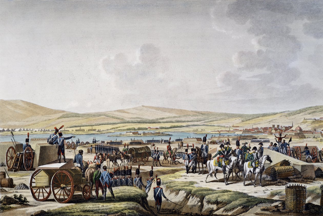 Napoleon besøkte beleiringsarbeidene ved Danzig ledet av marskalk Lefebvre (9. mai 1807), gravering av Francois Jacques Dequevauviller (1783-1848), tegning av Jacques Francois Joseph Swebach-Desfontaines (1769-1823) av Jacques Swebach Desfontaines