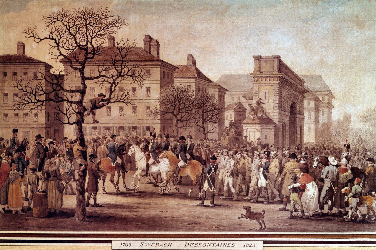 Kampanje av Frankrike i 1814: "" Inngang i Paris av fanger av allierte armees (inkludert Russland og Preussen), eskortert av nasjonalgarden kommandert av Marechal Moncey 9.03.1814"" Litografi av Jacques Swebach-Desfontaines (1769- 1823) av Jacques Swebach Desfontaines