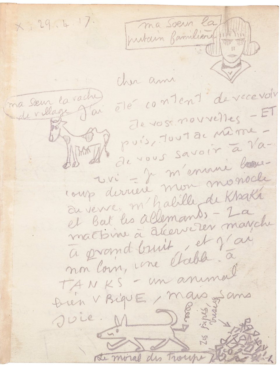 Autografbrev med tegninger av Jacques Vache