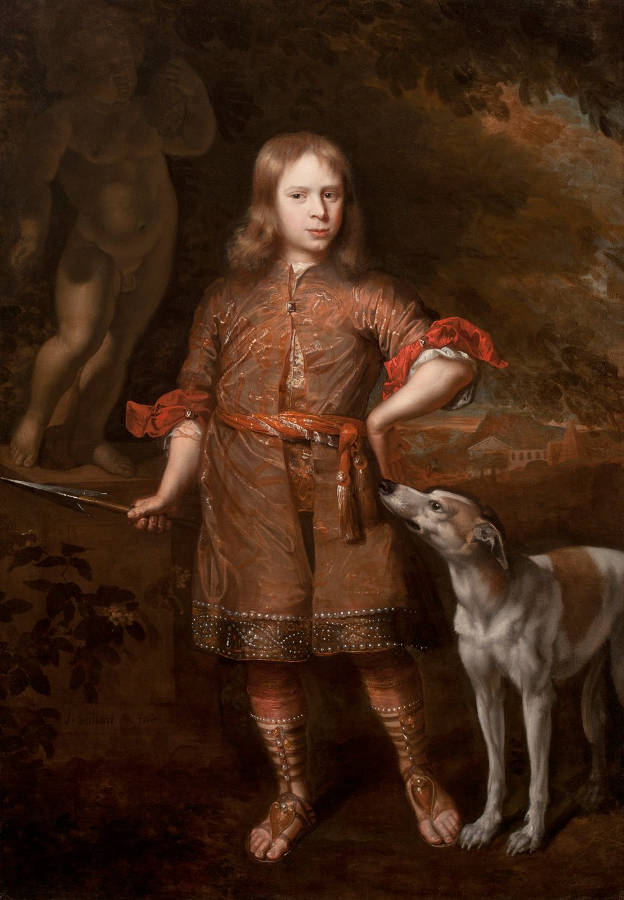 Portrett av en gutt som jeger som holder et villspyd med en greyhound, midten av 1670-tallet av Jacques Vaillant