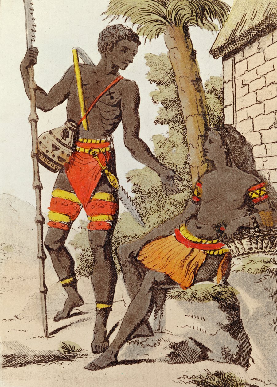 Mann og kvinne fra Palau-øyene, 1805 (fargegravering) av Jacques after Grasset de Saint Sauveur