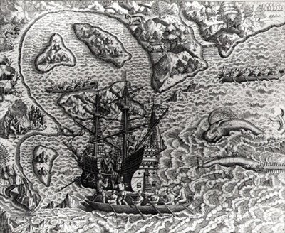 Johannes Staden ankommer en ukjent øy for å finne at portugiserne allerede er der, fra Americae, 1593, skrevet og gravert av Theodor de Bry (1528-98) av Jacques d.158788 after Le Moyne