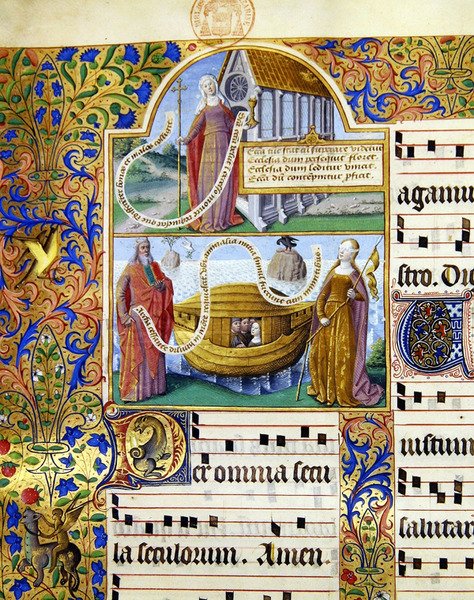 Ms 0412 Miniatyrer som viser en allegorisk representasjon av Kirken og under denne Moses holder lovens tavler med Noahs ark og en kvinne med bind for øynene som representerer de 