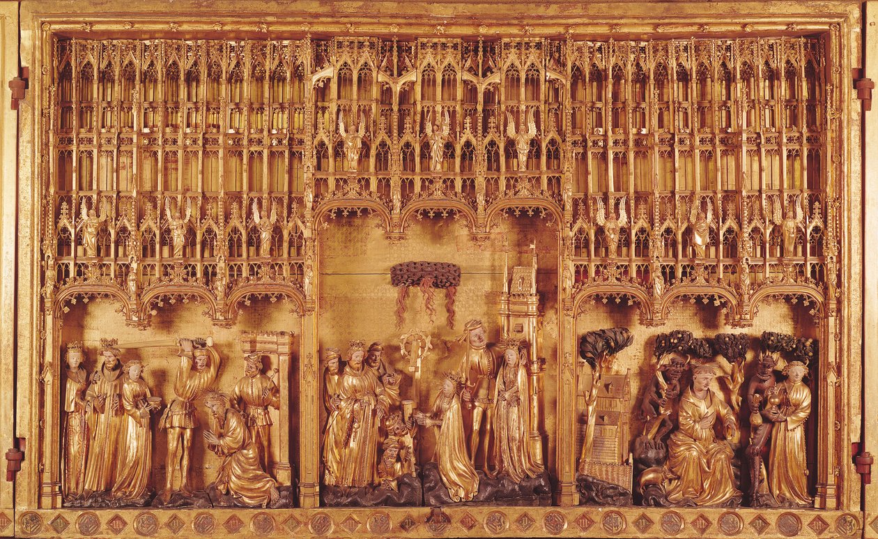 Altertavle av hellige og martyrer, midtpanel halshuggingen av døperen Johannes, martyrskapet til St. Katarina av Alexandria og St. Barbara og fristelsen til St. Antonius, ca. 1391 (forgylt wo av Jacques de Baerze or Baers