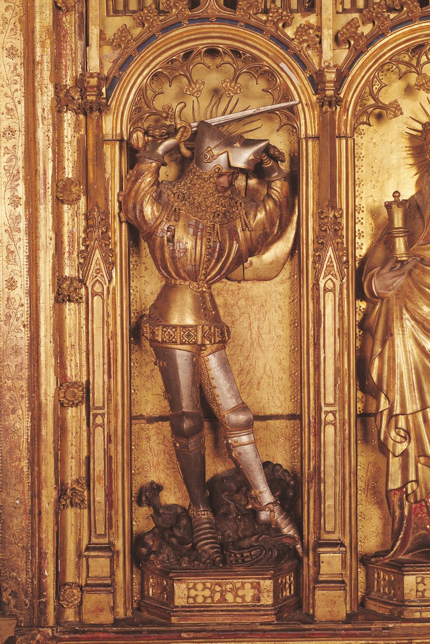 Altertavle av korsfestelsen, detalj av St. George fra venstre panel, fra Church of Chartreuse de Champmol, ca. 1391 (forgylt tre) av Jacques de Baerze or Baers