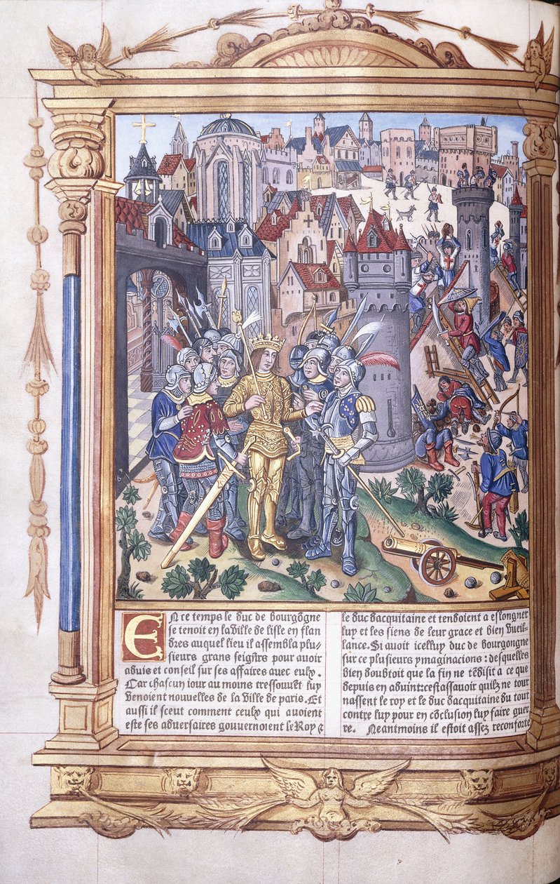 Opplyst manuskript som viser en konge og hans hær foran en by, 1503-04 av Jacques de Besancon