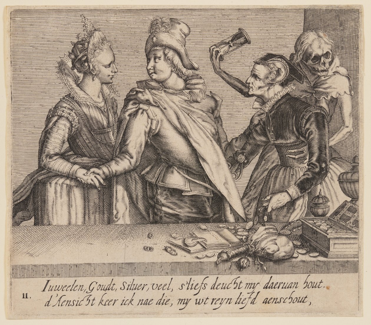 En ung mann mellom en ung kvinne og en gammel kvinne, fra ujevne elskere av Jacques de Gheyn II