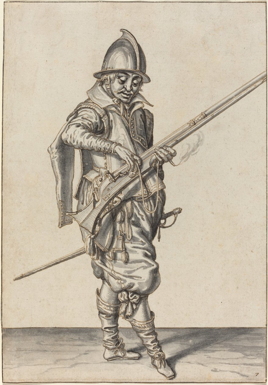 Elegant kledd soldat forbereder seg på å skyte kalveren sin av Jacques de Gheyn II