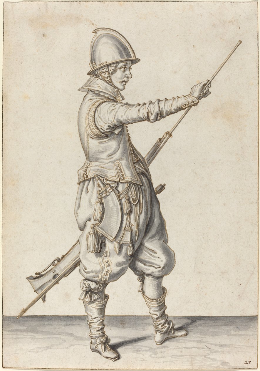 Elegant kledd soldat som tømmer kalveren sin av Jacques de Gheyn II