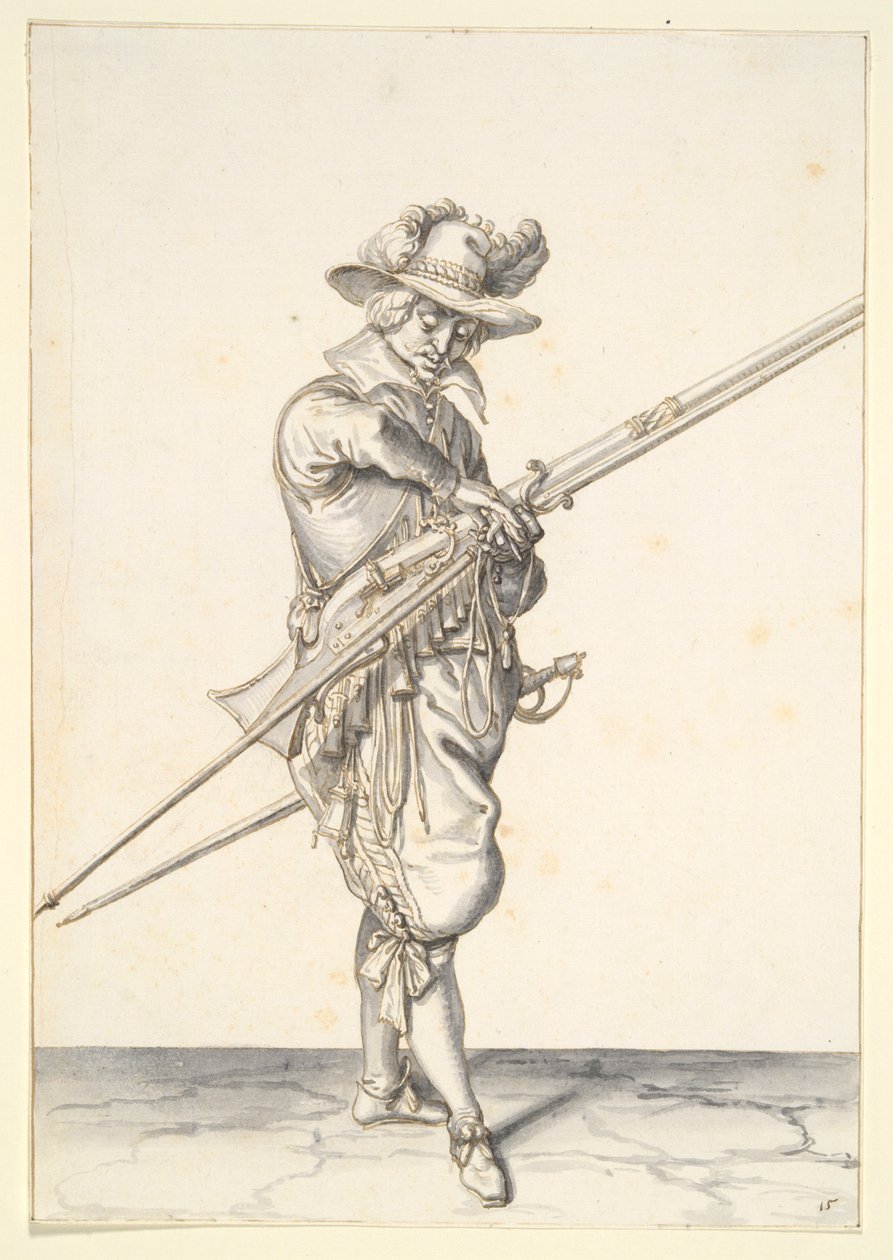 Soldat forbereder seg på å skyte en muskett av Jacques de Gheyn II